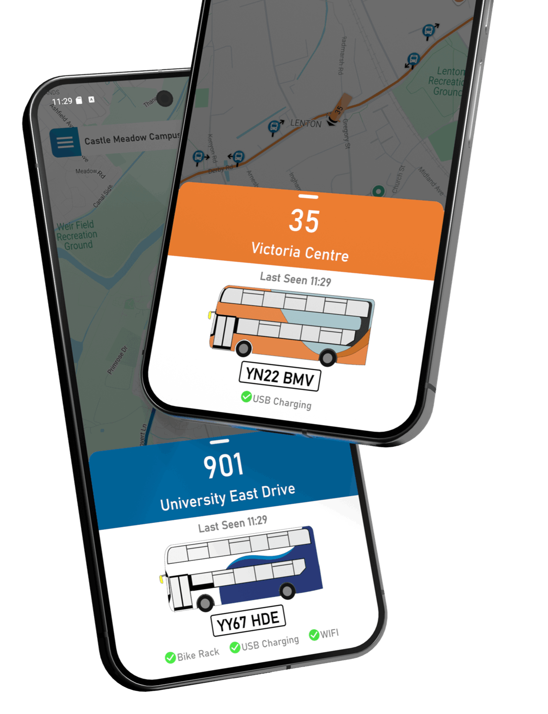 App screen showing the live GPS Vehicle tracker for Hopper Bus 901 and Nottingham City Transport Orange 35