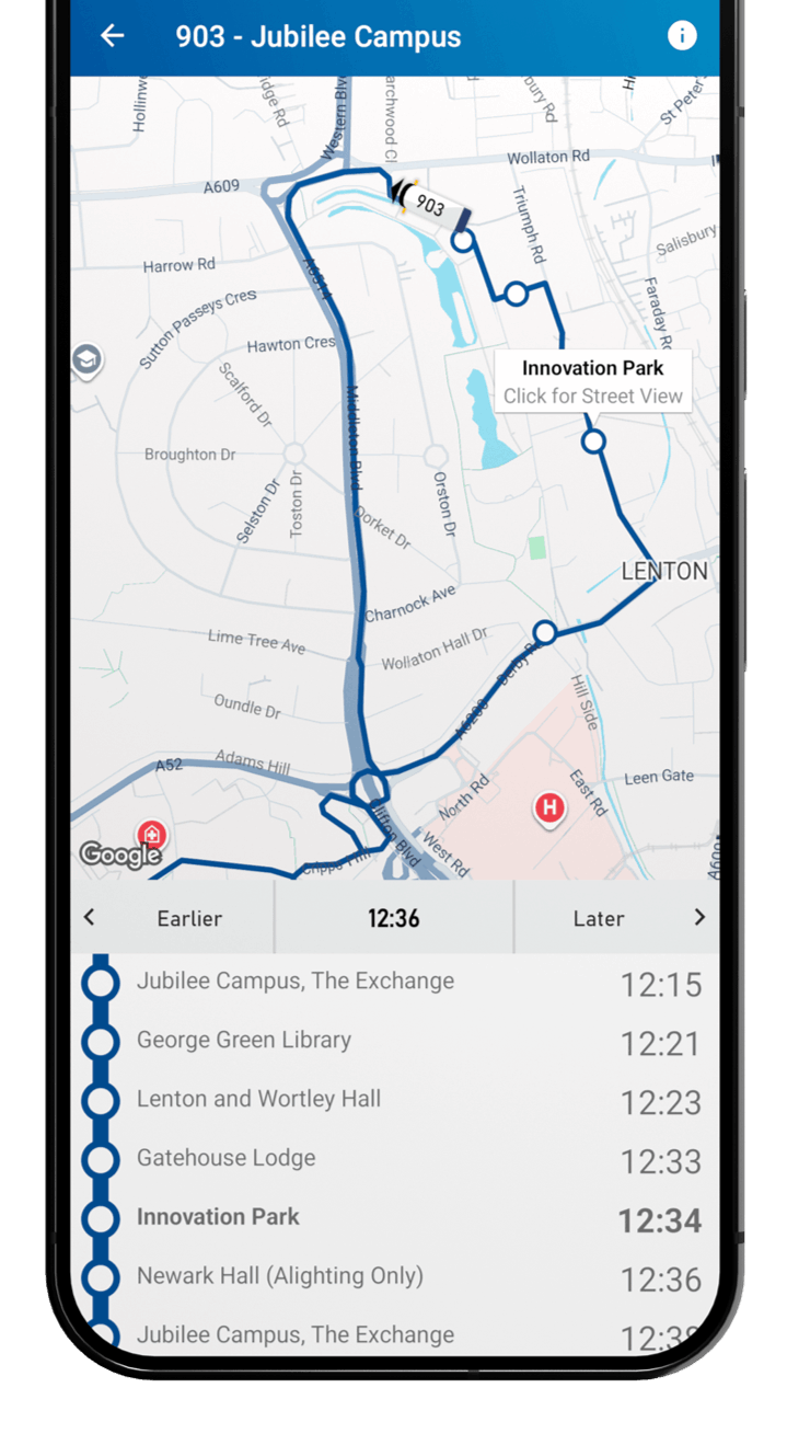 App screen showing the bus journey viewer screen.