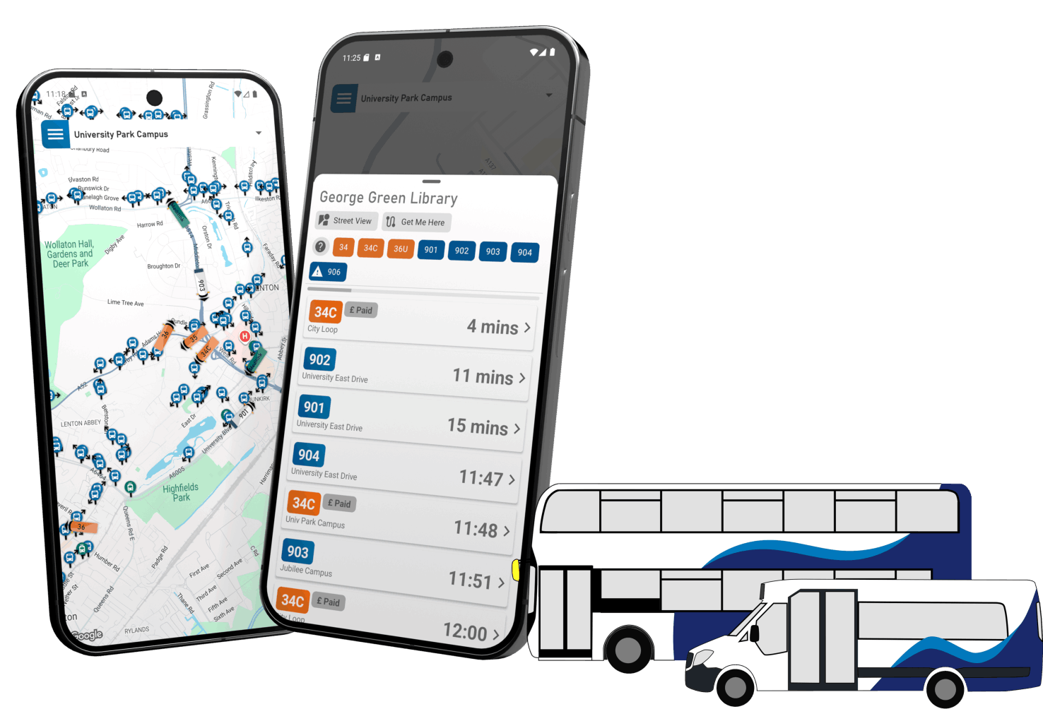 Notts Hopper bus app home screen showing live University of Nottingham bus tracking